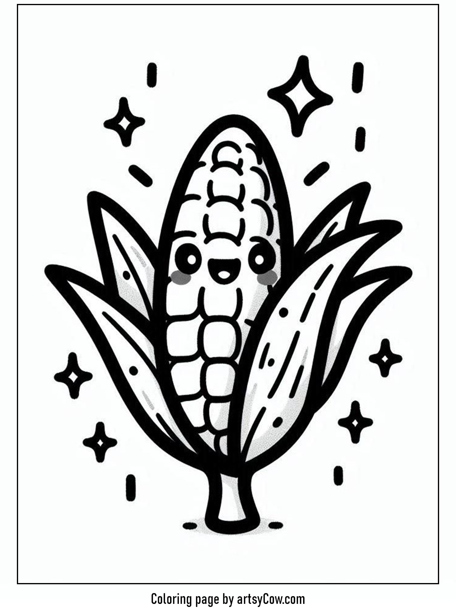 thanksgiving day coloring pages for kids featuring a smiling corn stalk surrounded by stars, designed in a cute, cartoon style for engaging coloring fun.